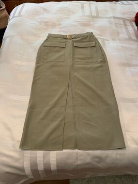 Olive Green Midi Pencil Skirt with Front Slit
